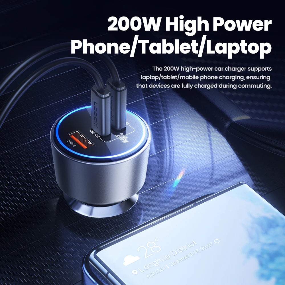 Toocki 200W Car Charger USB Type C QC 4.0 PPS 45W PD 100W Fast Charging USB C Car Phone Charger for iPhone 16 15 Samsung Macbook