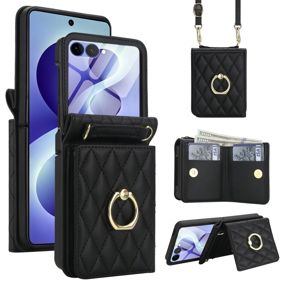 Crossbody Lanyard Leather Wallet Ring Holder Phone Case With Mirror Film For Samsung Galaxy Z Flip 8 7 6 5 4 3 Pocket Back Cover