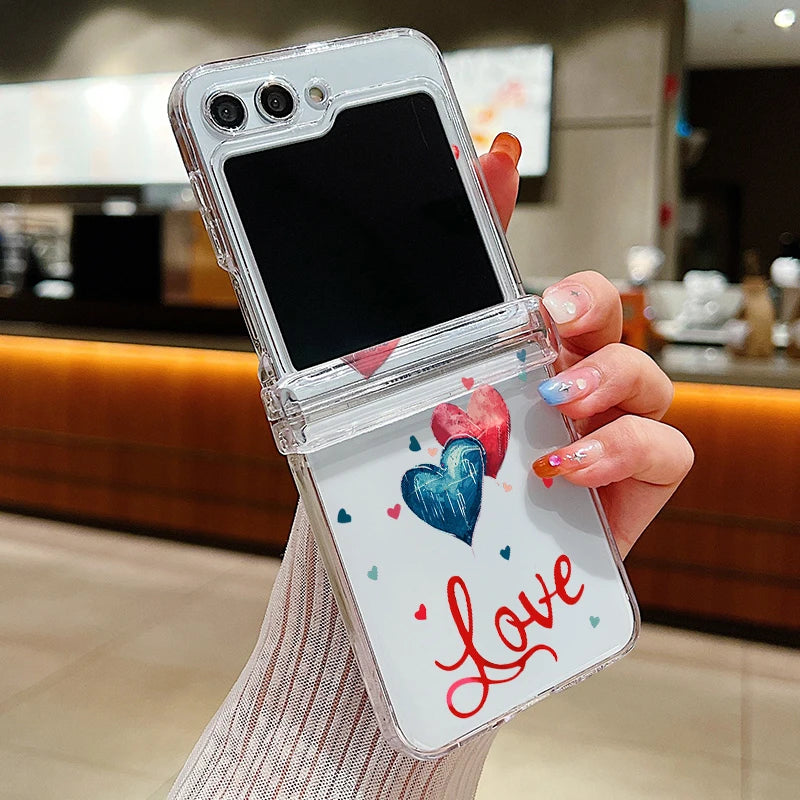Transparent Love Flower Phone Case For Samsung Galaxy Z Flip8 Flip7 FE Flip 8 7 6 5 4 3 5G Flip5 Flip6 Shockproof Hard PC Cover