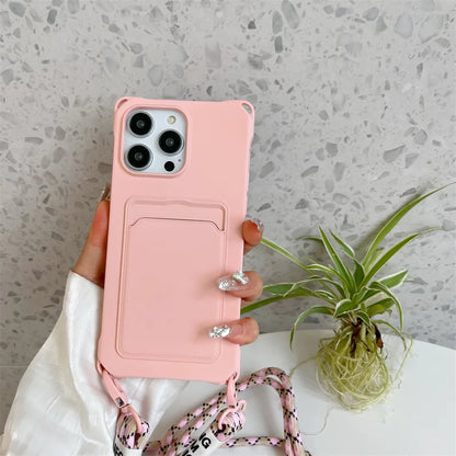 Strap Case For iPhone 17 Pro Max 16 15 14 12 11 13 Mini Plus Air Shockproof Silicone Card Slot Crossbody Necklace Lanyard Cover