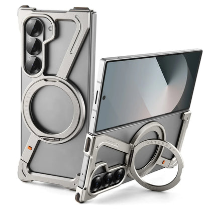 Oatsbasf Magnetic Phone Case for Samsung Galaxy Z Fold 6 5 Metal Slim Phone Protective Cover Shell with 360° Rotatable Stand