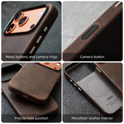 YMW Magnetic Genuine Leather Case for iPhone 18 17 16 Pro Max 15 14 Compatible with MagSafe Nature Cowhide Retro Phone Cover