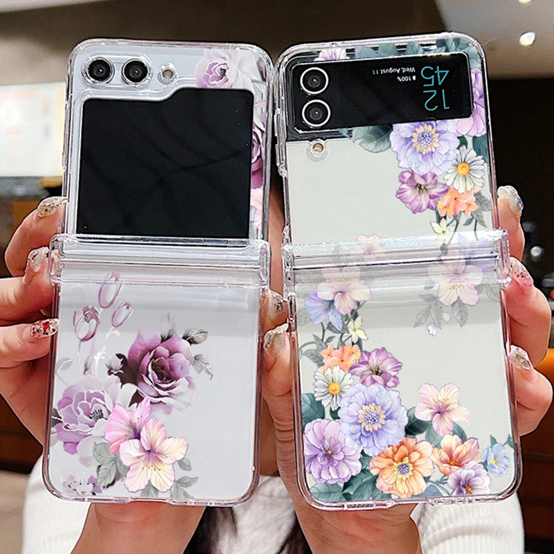 Flowers Pattern Clear Case For Samsung Galaxy Z Flip 8 7 FE 6 5 4 3 5G Folding Hard Phone Cover For Samsung Z Flip8 Flip6 Flip7