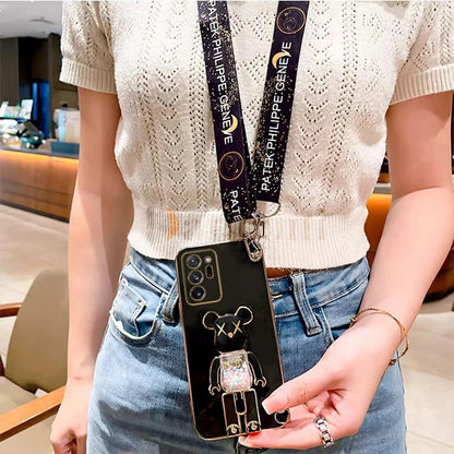Cartoon Bear Lanyard Plating Phone Stereoscopic Holder Case For Samsung Galaxy Note 20 Ultra Note 10 Lite 8 9 M30S M42 M54 Cover