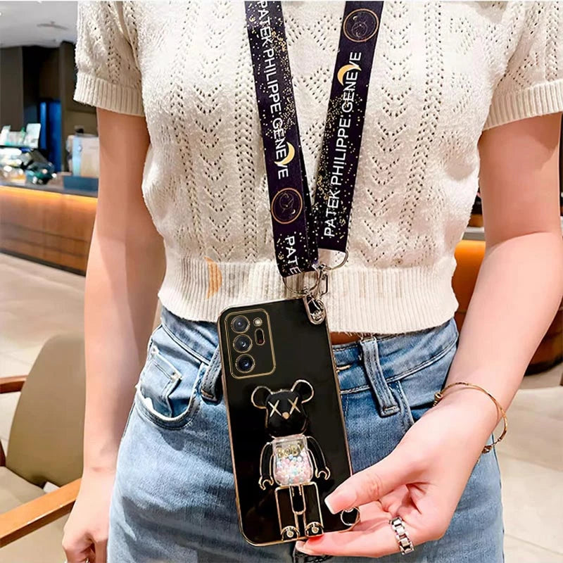 Cartoon Bear Lanyard Plating Phone Stereoscopic Holder Case For Samsung Galaxy Note 20 Ultra Note 10 Lite 8 9 M30S M42 M54 Cover