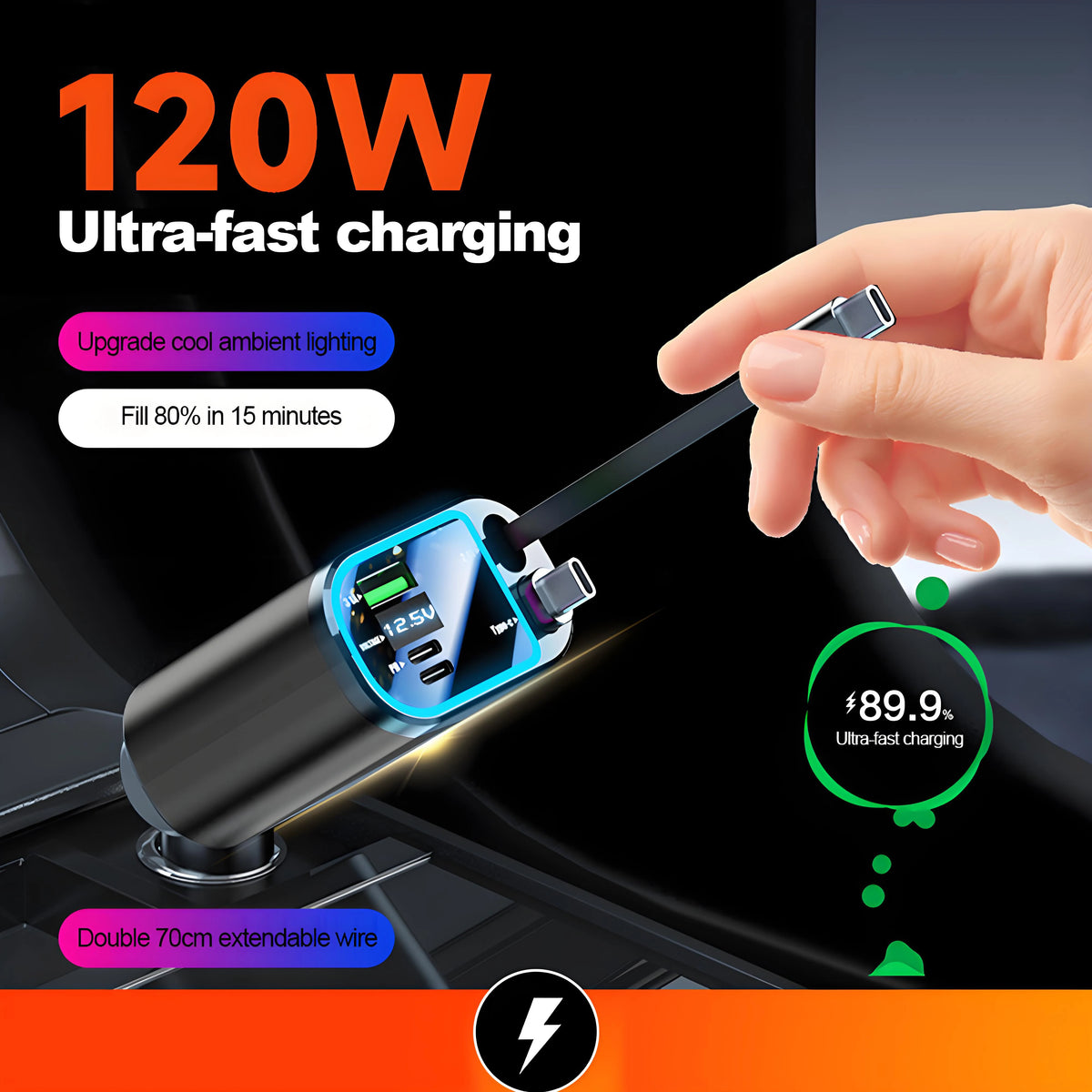 120W Retractable Car Charger with Roof Starlight USB C Cable Fast Charger Cigarette Lighter Adapter For IPhone Huawei Samsung