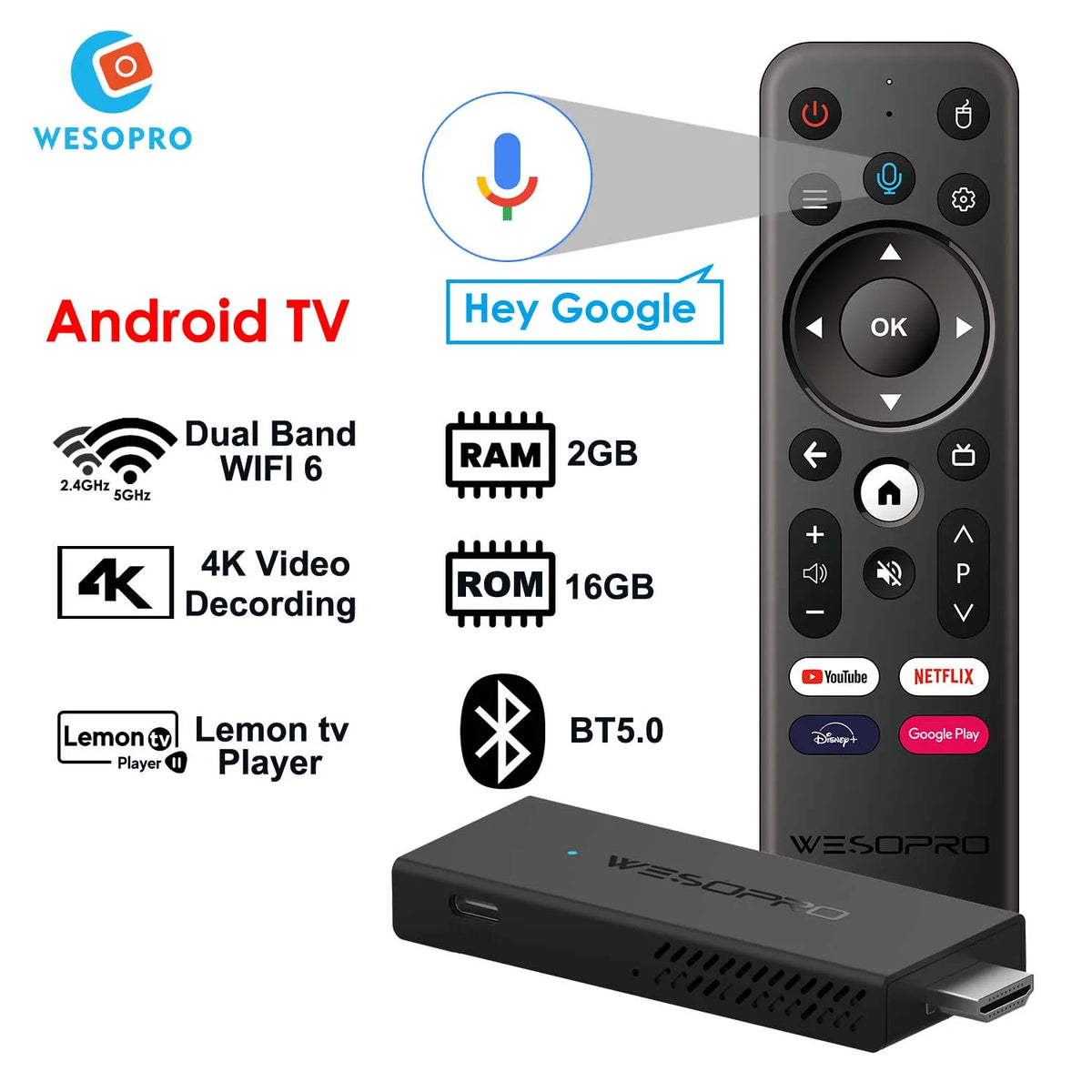 WESOPRO Android TV Stick G2 Smart IPTV Dongle 4K 30fps 2GB RAM 16GB ROM Dual Band 2.4GHz 5.0GHz Wifi 6 BT5.0 Compatible with ATV