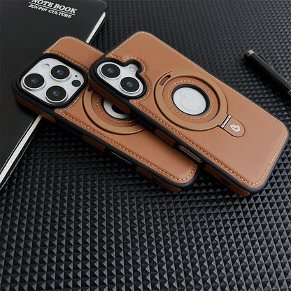 Luxury Leather Magnetic Ring Holder Case For iPhone 16 Pro Max 15 14 Plus 13 12 For Magsafe Hollow Logo Bracket Business Cover