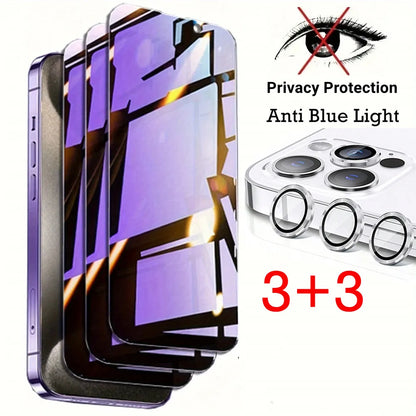 [3 Anti-Spy Glass +3 Lens Caps] Purple Ray Privacy Screen Protector For iPhone 17 16 15 14 Plus 13 12 Mini 11 Pro Max 16e Film
