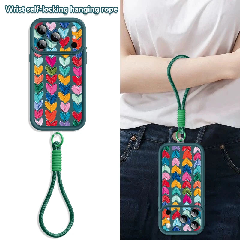 Colorful Heart Printed With Strap Phone Case For iPhone 17 Pro Max 17e 16e 16 15 14 Pro Max 13 12 Pro Shockproof Soft TPU Cover