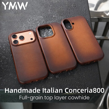 YMW Handmade Italian Genuine Leather Case for iPhone 17 16 15 Pro Max Magnetic Luxury Business Retro Cowhide Phone Cover