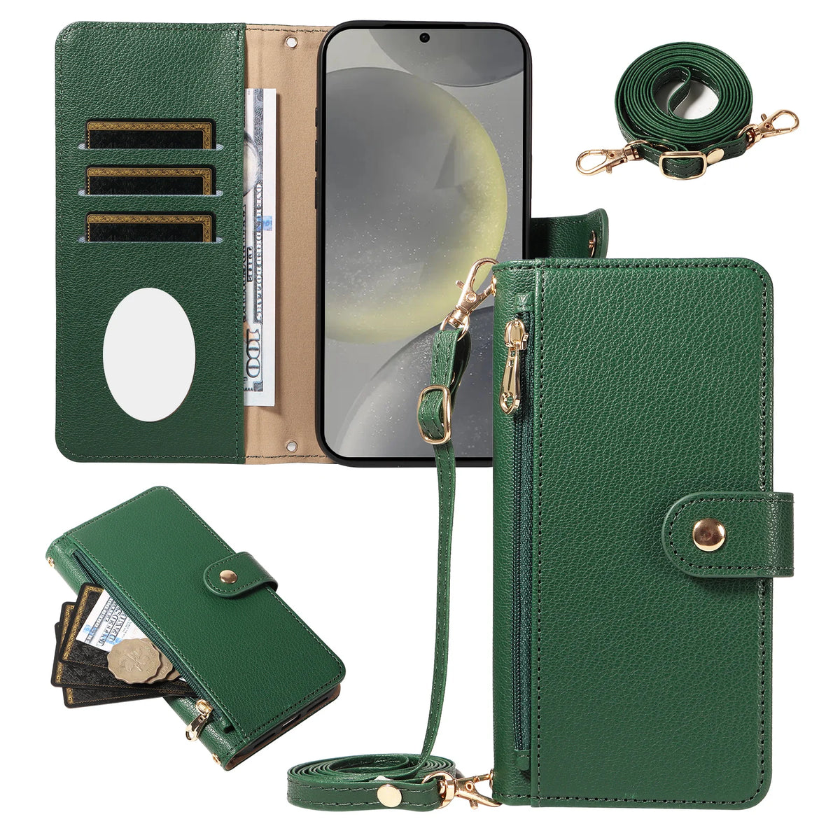 For Samsung S26 Ultra/S25/S24/S23/S22/S21/S20Fe Multifunctional Protective Case, Wallet-Style Cross-Shoulder Phone Case with Makeup Mirror and Card Slot, Faux Leather Phone Protective Cover