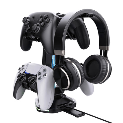 Gaming Headphones & Controller Storage Stand with Light Modes,2 USB Charging Ports ,Controller Holder for Desk