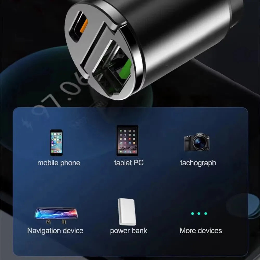 100W Metal Alloy Mini Car Charger Car USB Charger Super Fast Charging Dual Ports USB-A USB-C Hidden Phone Car Charger Adapter