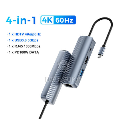 8-in-1 USB C Hub Docking Station with 1000Mbps Ethernet HDTV 4K60Hz 2 USB3.0 2 USB-C Ports Adapter PD 100W Max Charging Data