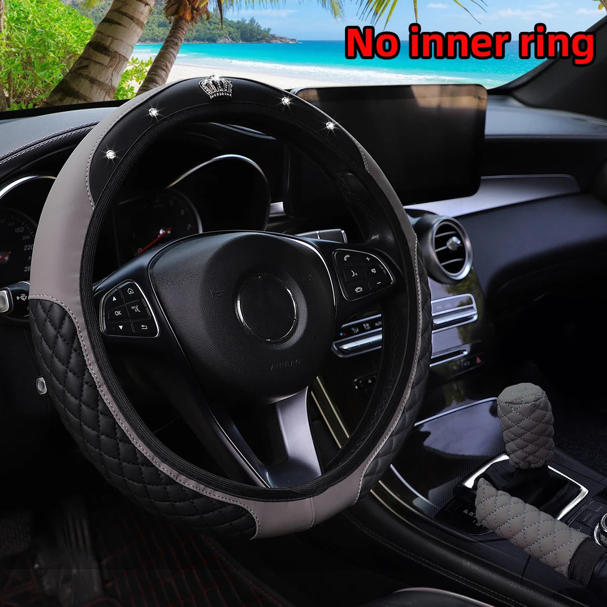 3Pcs PU Leather Crown Diamond Inlays Steering Wheel Cover Gear Shift Cover Handbrake Cover for Cars without Inner Ring