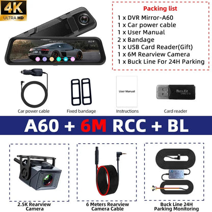 E-ACE 4K Dashcam 9.66'' Mirror Dash Car Camera 2.5K Rear Camera Support WIFI GPS ADAS Touch Screen Video Recorder Black Box ﻿