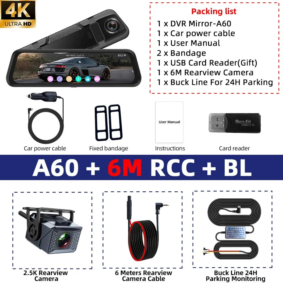 E-ACE 4K Dashcam 9.66'' Mirror Dash Car Camera 2.5K Rear Camera Support WIFI GPS ADAS Touch Screen Video Recorder Black Box ﻿