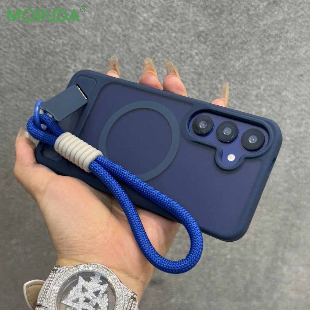 Business Matte Translucent Invisible Bracket Magnetic Case for Samsung Galaxy S26 S25 S24 S23 Ultra Plus FE Wrist Strap Cover