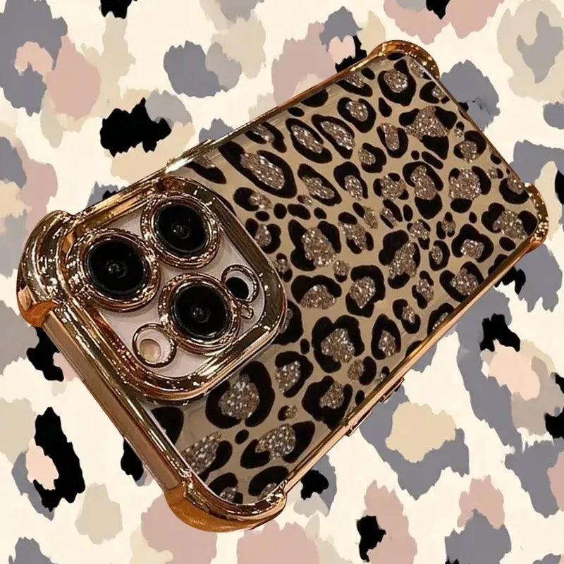 Glitter Leopard Print Plating Phone Case For iPhone 17 16e 16 15 14 13 12 11 Pro Max X XSMax 7 8 Mini Air Plus Anti-Fall Airabag