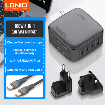 LDNIO 100W GaN USB C Charger Block Multi port Type C Travel Adapter Laptop Wall Charger For MacBook iPad iPhone US EU UK Plug