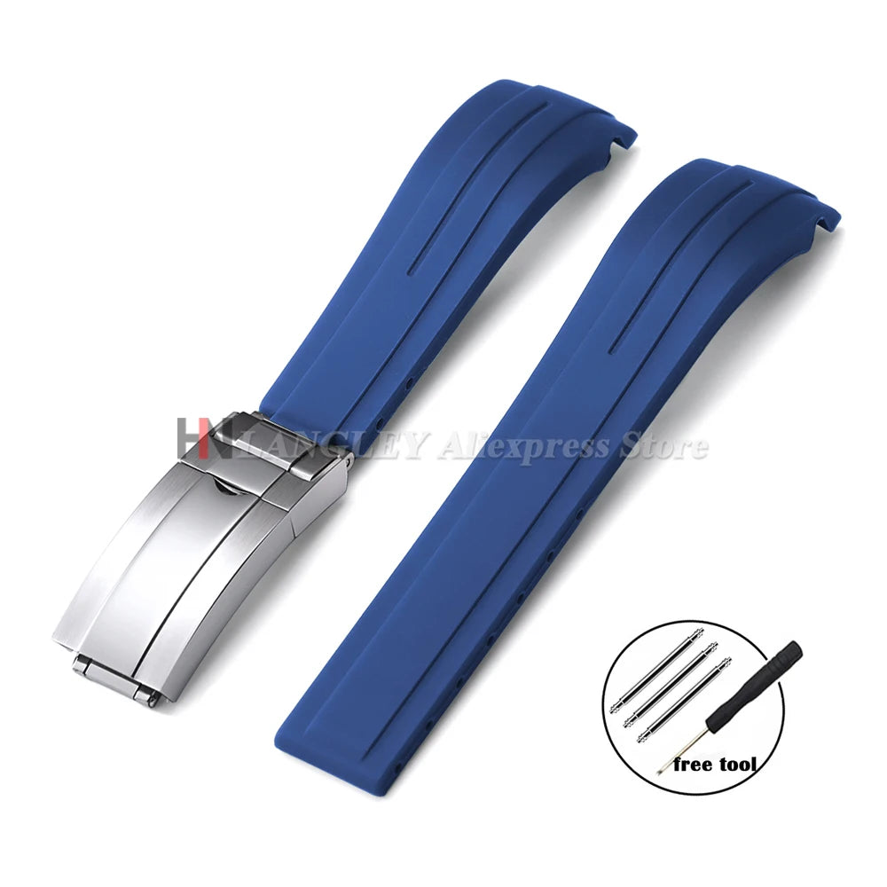 Curved Rubber Watch Bracelet 20mm 21mm 22mm for Rolex Green Water Ghost for Oysterflex Waterproof Silicone Folding Buckle Straps