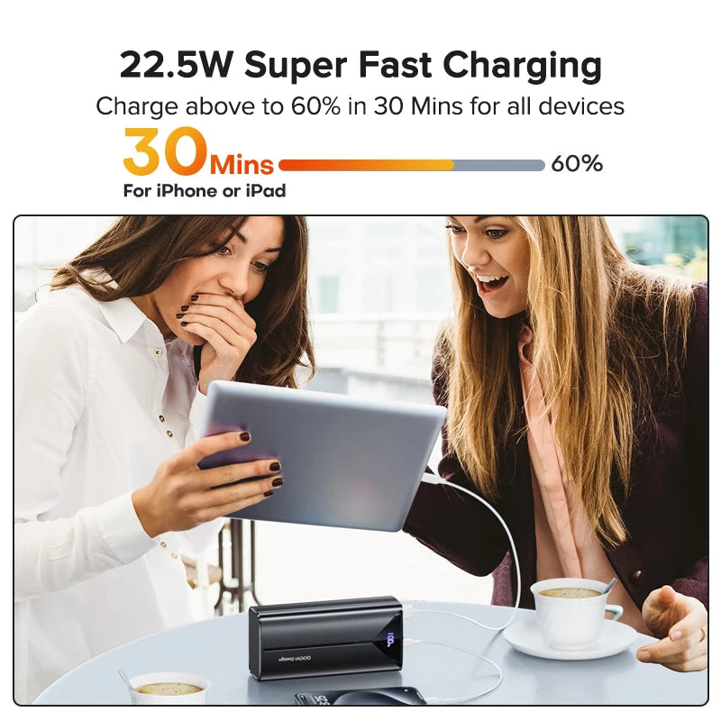 QOOVI 20000mah Power Bank 22.5W Fast Charging Built-in Cable External Large Battery Portable Charger For iPhone Samsung Xiaomi