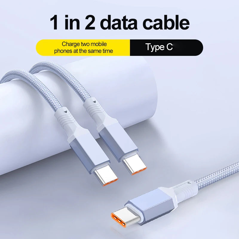 2 in 1 USB C to Dual Type C PD Fast Charging Data Cable,Multi Functional Braided Cord for iPhone 17/17Pro/16 Max Series,Samsung