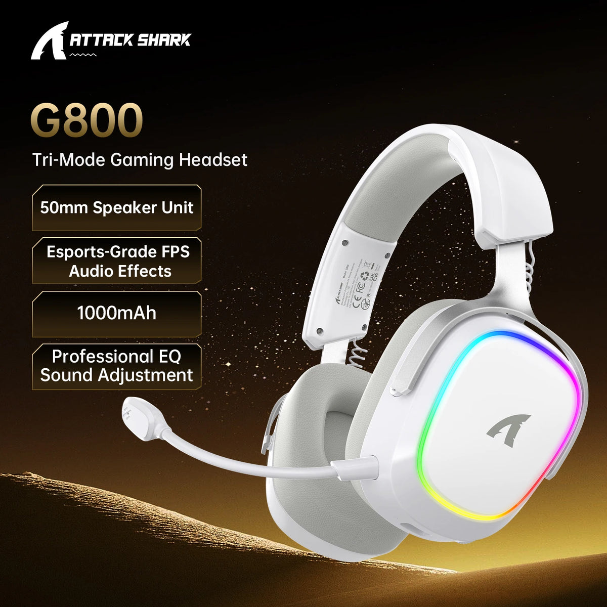 Attack Shark G800 2.4G Wireless Gaming Headset,Bluetooth 5.3,7.1 Surround Sound, Detachable Mic,1000mAh,RGB Headphones for PC/PS