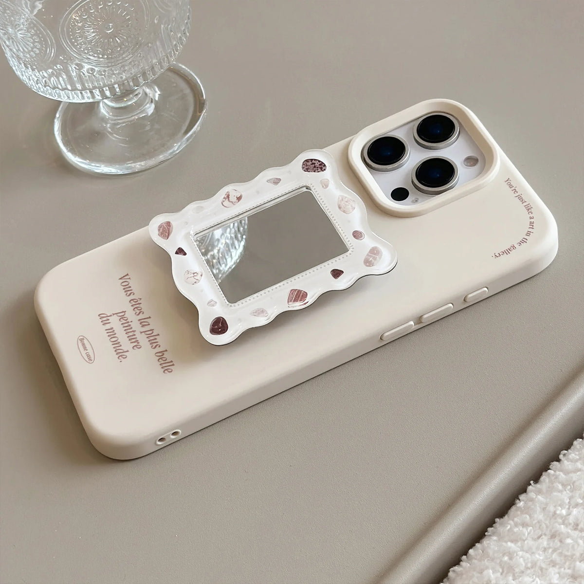 Vintage French Mirror Phone Case with Beaded Wrist Strap for iPhone 16 15 14 13 12 Pro Max Aesthetic Cream Shell Pearl Design