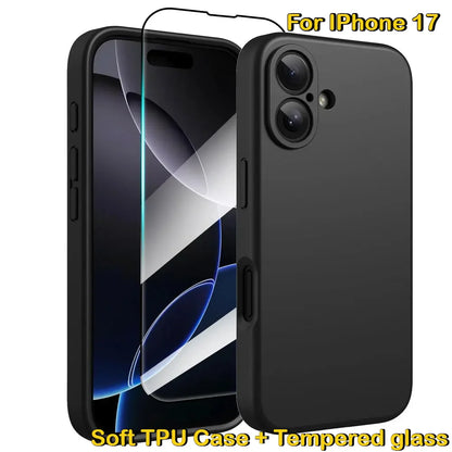 2in1 Phone Case for IPhone 17 16 15 14 Plus 13 Pro Max Air with 9H HD Screen Film Protector Glass Soft Silicone Shockproof Cover