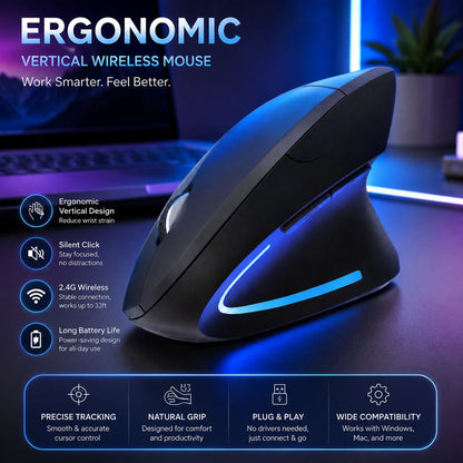 Vertical Wireless Ergonomic Mouse,Dual-Mode Bluetooth/2.4G Rechargeable Silent Optical RGB Gaming Mice For PC Laptop Desktop