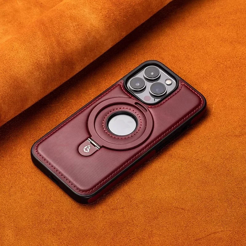 Luxury Leather Magnetic Ring Holder Case For iPhone 16 Pro Max 15 14 Plus 13 12 For Magsafe Hollow Logo Bracket Business Cover