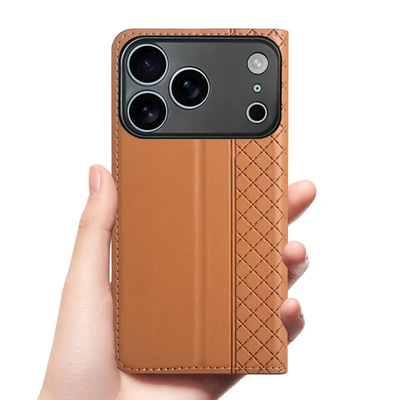 Flip Case For APPLE iPhone 17 17Pro Air Pro Max Genuine Leather Magnetic Cover Luxury Cowhide Grid Pattern Wallet Cases Covers