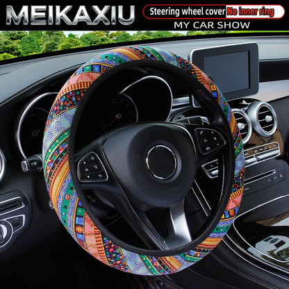 38CM Ethnic Bohemian Style Fabric Car Steering Wheel Cover All-Season Use No Inner Ring Automotive Decoration Accessory