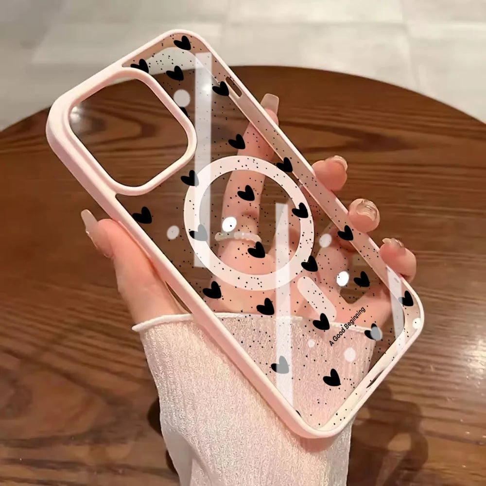 Simple Heart Polka Dot Clear Case For Magsafe iPhone 14 Pro Max 17 15 14 11 13 12 ProMax Plus Cases Wireless Charing TPU Fundas