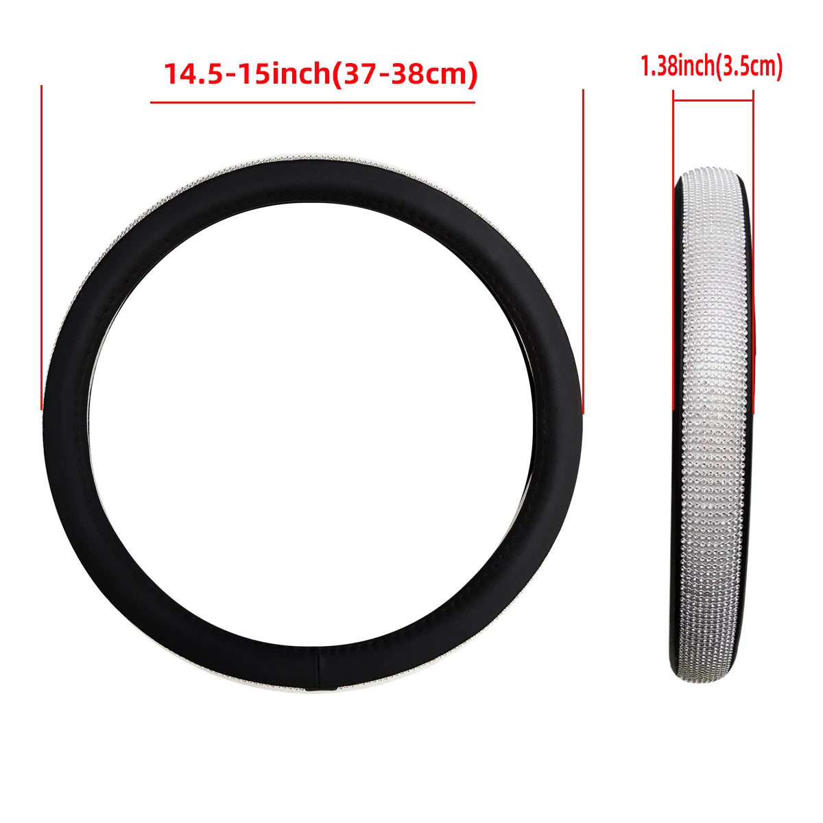 Women's PU Leather Car Interior Wheel Cover with Flashing Mesh Rhinestones for 14.5-15 Inch Car Accessories