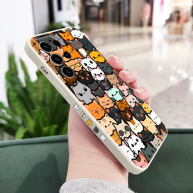 Cute Cat Drawing Phone Case For Samsung Galaxy S25 S24 S23 S22 S21 S20 Ultra FE S10 S10E Plus Note 20 Ultra Silicone Cover