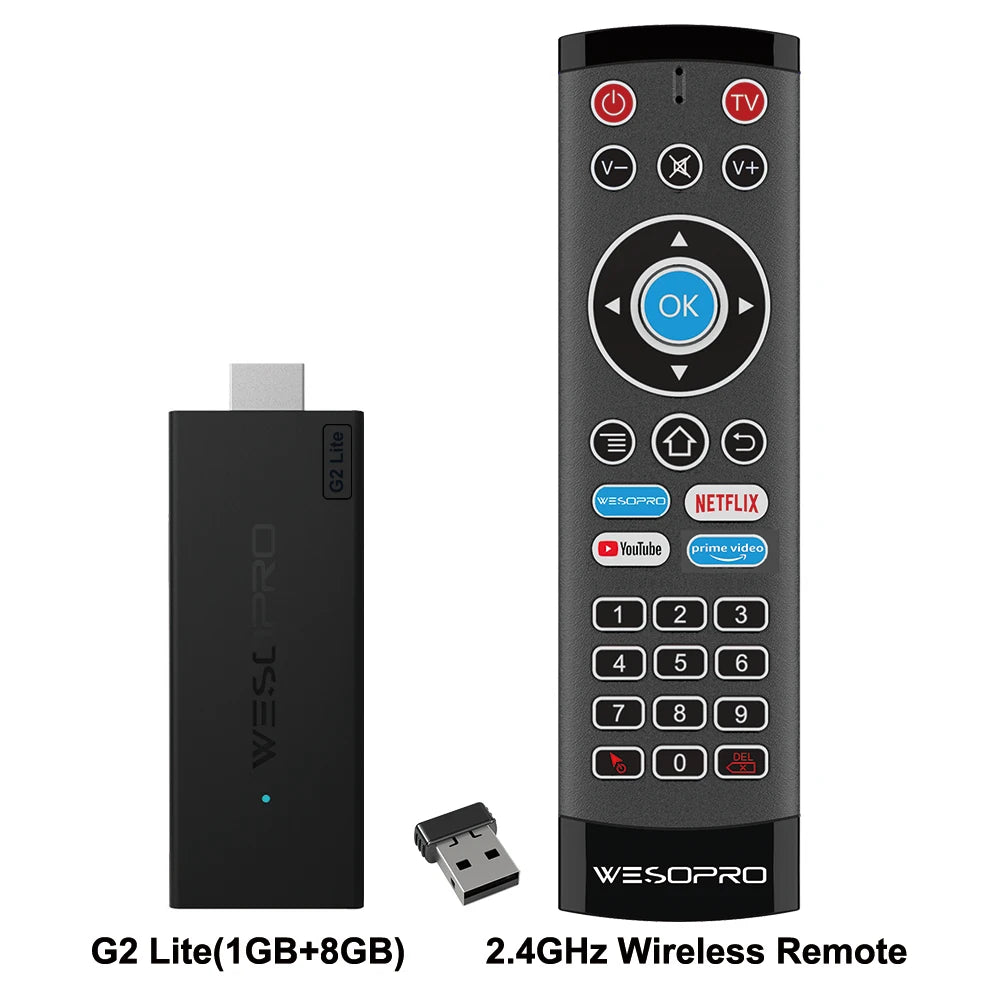 WESOPRO Android 14 TV Stick G2 Lite Smart IPTV Media Player 1GB RAM 8GB ROM Dual-band 2.4GHz/5.0GHz Wifi6 4K 30fps Fire Mi Stick