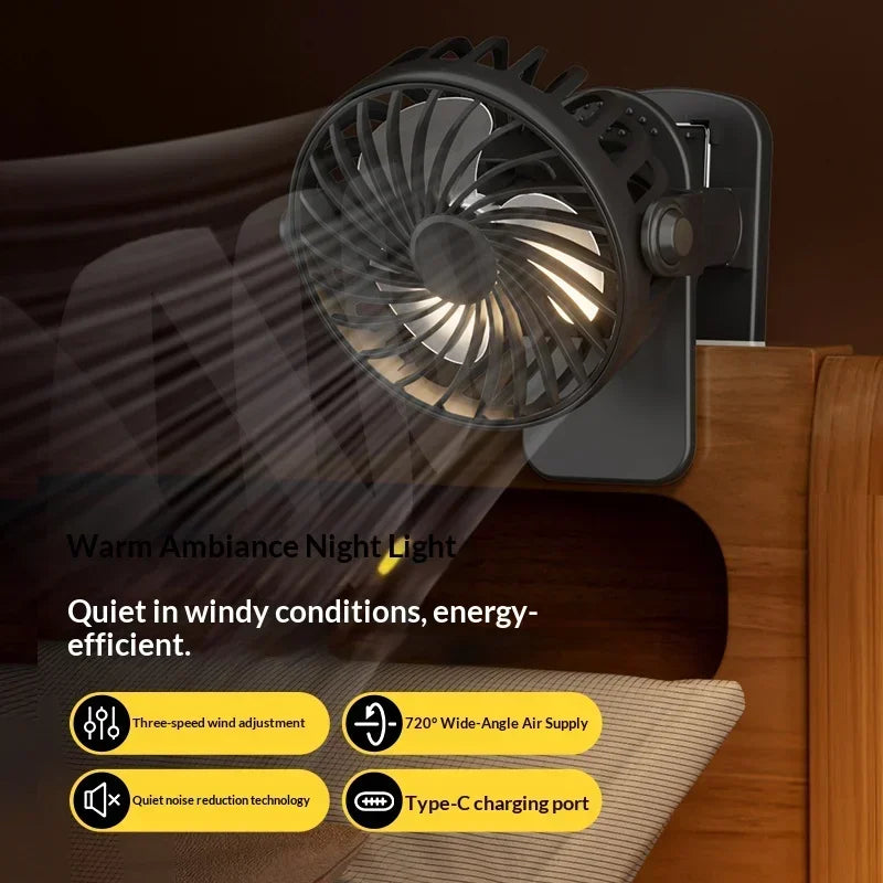 720°Rotatable Clip Fan Mini Cooler Fan Built In Night Lamp USB Rechargeable Personal Portable Fan For Outdoor Camping Ventilador