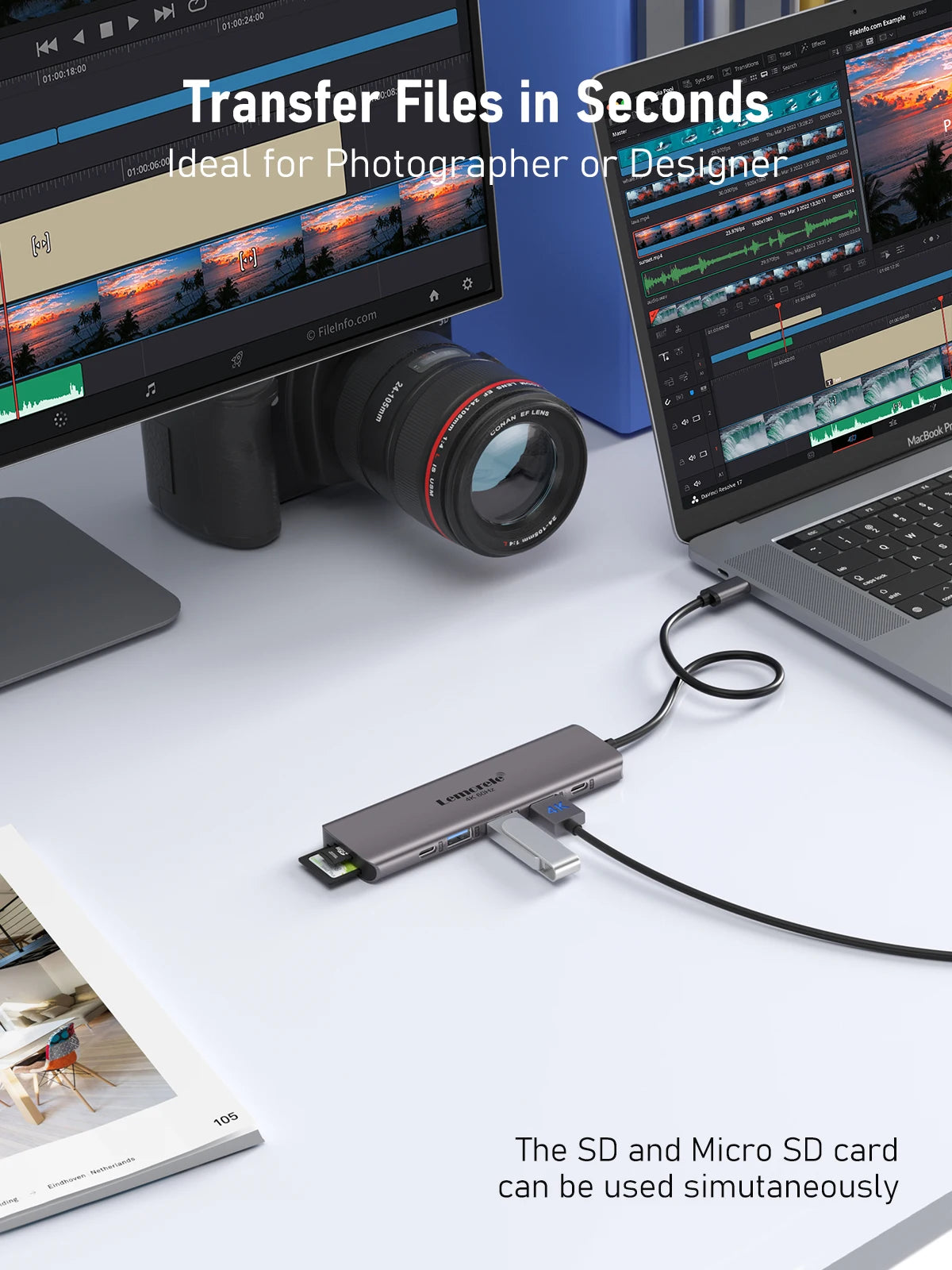 Lemorele TC45 7Port USB to HDMI 4K 60Hz Docking Station USB C HUB Type-C USB  Adapter PD100W SD TF For Macbook Air Pro iPad Pro