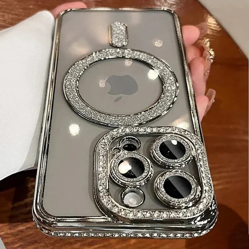 New Fashion Glitter Diamond Transparent Case For iPhone 17 16 15 14 13 11 12 Pro Max Funda Magnetic Wireless Charge Bumper Cover