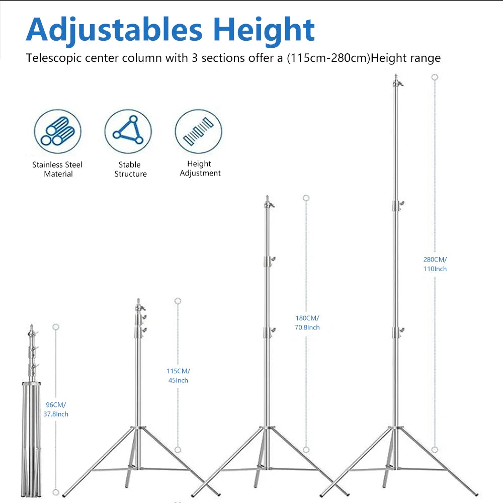 2/2.9M Tripod Super Stable Big Tripod Foldable Light Stand Lifting Frame Wheels Photography Softbox Photo Studio Stainless Steel