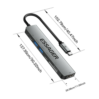 Essager 7 In 1 USB C Hub PD60W Fast Charging Splitter HDMI-Compatible High Speed Splitter 5Gbps for PC USB 3.2 Gen1 2.0 Ports