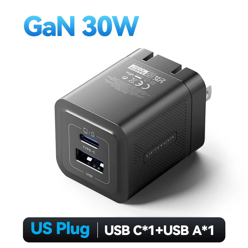 Vention GaN 30W Fast Charger for iPhone 17 16 15 14 13 PD3.0 Charger for iPad Pro Xiaomi Samsung USB Type C Mobile Phone Charger