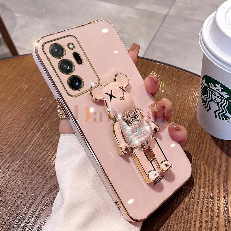 Cartoon Bear Lanyard Plating Phone Stereoscopic Holder Case For Samsung Galaxy Note 20 Ultra Note 10 Lite 8 9 M30S M42 M54 Cover