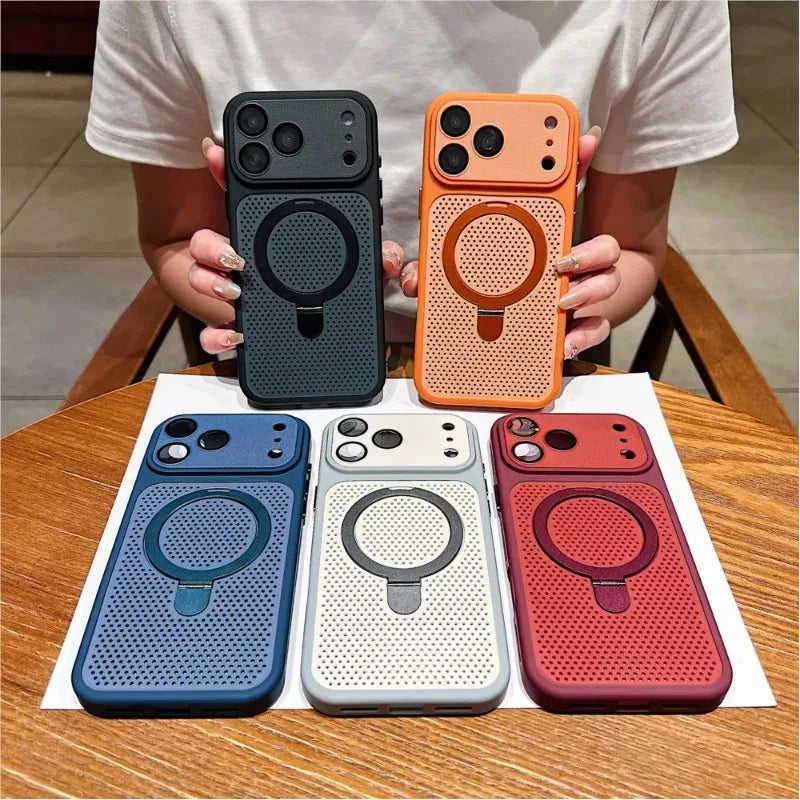 Luxury Heat Dissipation Cooling Mesh Hole Case for iPhone 17 16 15 14 Plus 13 Pro Max For Magsafe Stand Holder Armor Cover