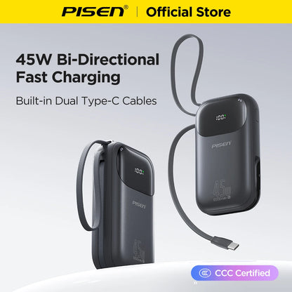 PISEN 45W Fast Charging CCC Power Bank Built-in Dual USB-C Cable 10000mAh/ 20000mAh Mini Portable Powerbank For iPhone 17 Xiaomi
