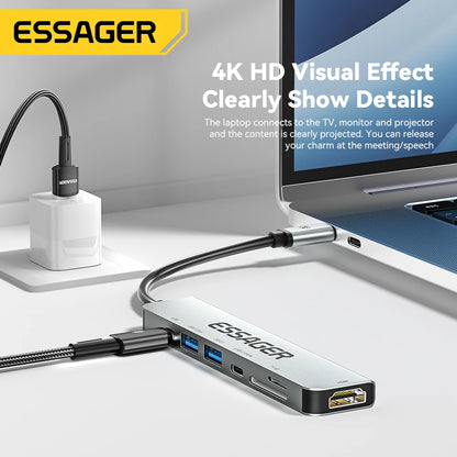 Essager 7 In 1 USB C Hub PD60W Fast Charging Splitter HDMI-Compatible High Speed Splitter 5Gbps for PC USB 3.2 Gen1 2.0 Ports