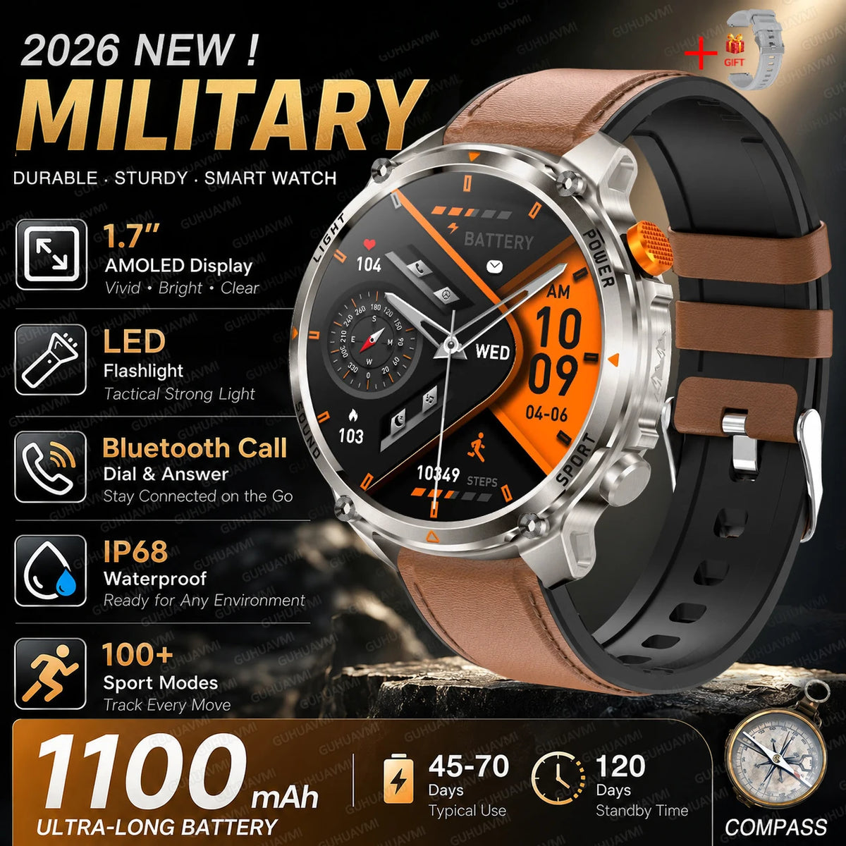 New Men Outdoor Military 1100mAh Large Battery Smart Watch Compass GPS Track IP68 Waterproof LED Flashlight BT Call Smartwatch